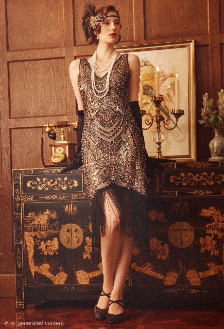 BABEYOND NWT Halloween 1920s Black Beaded Flapper Girl Fringe Mini Dress